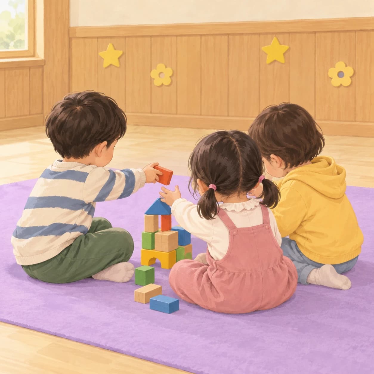 별 장식이 있는 놀이 공간에서 세 친구가 블록을 나누며 함께 집을 만드는 뒷모습 삽화
