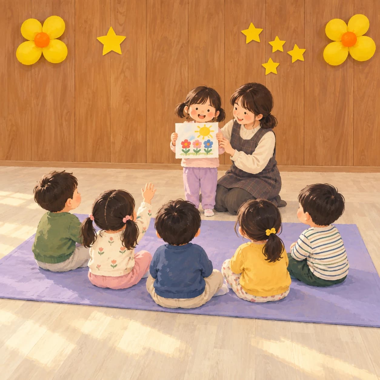별 장식과 보라색 매트가 있는 활동실에서 친구의 발표를 듣는 아이들을 그린 삽화